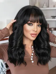 Wavy Natural Medium Length Wig with Bangs for Women, Soft Wavy Curly Synthetic Shoulder Length Wigs for Daily Party Use, Synthetic Wavy Hairstyle
