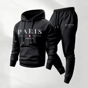 Men's Paris Letter Print Hoodie and Drawstring Sweatpants Set, Menswear, Casual Athletic Long Sleeve Hooded Jacket & Trousers for Fall & Winter, Men's Clothing for Daily Wear, Sportswear Indoor Outdoor, Tracksuit, Athleisure Summer Clothes