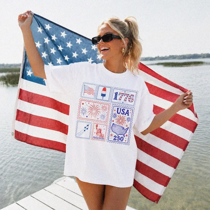 Patriotic Stamp Shirt, USA 250 Vintage America Tee, 4th of July T Shirt, Retro Patriotic Graphic Tee, American Flag Shirt