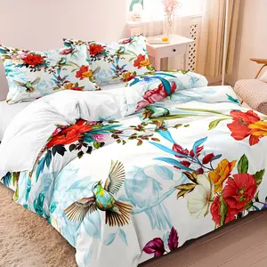 2/3Pcs Vibrant Floral Flower And Hummingbird Bedding Set - Ultra Soft Comfortable Decorative Duvet Cover Set Fit For Bedroom Dormitory (1 * Duvet Cover+1/2 * Pillowcase, Without Comforter)