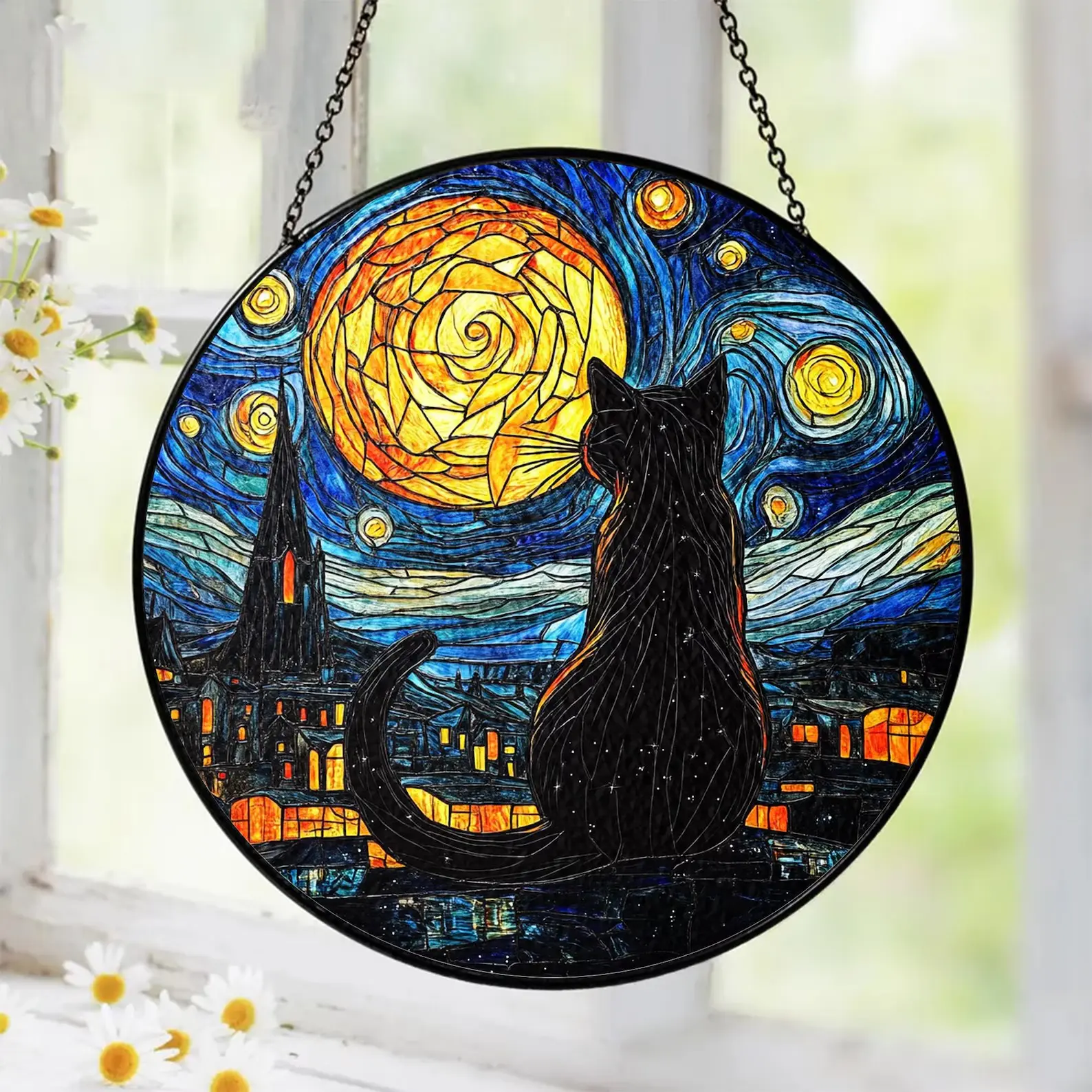 Starry Night Black Cat Suncatcher Stained Glass Window Hanging Art Panel, Whimsical Moon Cat Sun Catcher Home Decor Ornament, Unique Gift for Cat Lovers