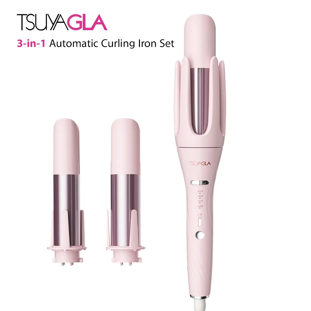 TSUYAGLA 3-IN-1 AUTOMATIC CURLING IRON SET, Hair Curlers with 3 Curling Barrels (1" - 1.25" - 1.5"), Rotating Curling Iron with 3 Temp, 2-Way Rotation, 10S Fast Heating, Anti-Scald, Dual Voltage