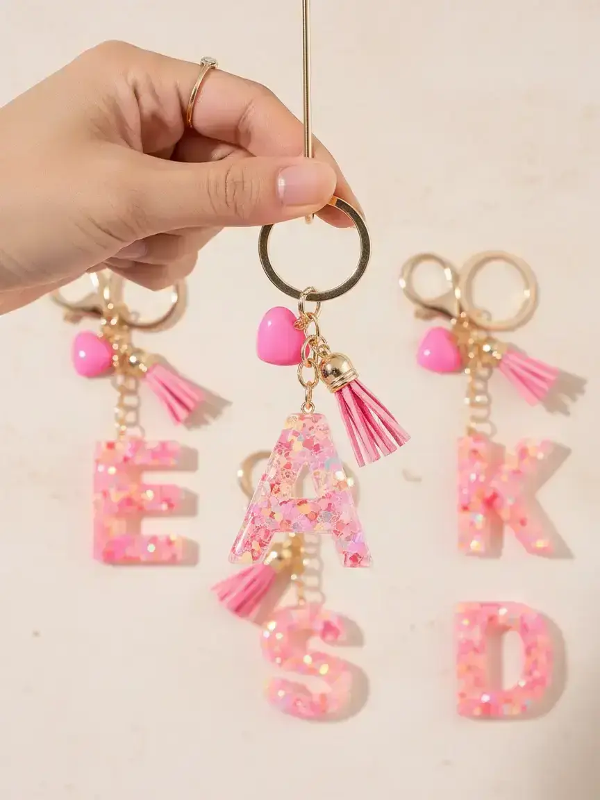 1pc Alphabet Initial Letter accessories Cute Heart-Shaped Resin Keyring Pendant with key ring Bag Backpack and Car keychains Hanging Charm Trendy Cute Heart Design Keychain - Perfect Daily Use Gift for Women