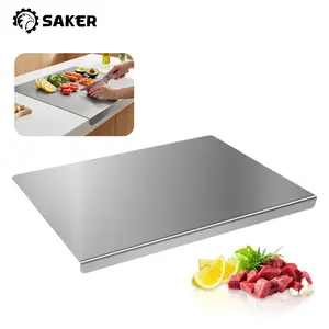 Saker Stainless Steel Cutting Board for Kitchen, Double-Sided Heavy Duty Meat Chopping Board, Non-Slip Easy to Clean Pastry Board with Hanging Hole, Anti-Microbial & Dishwasher Safe