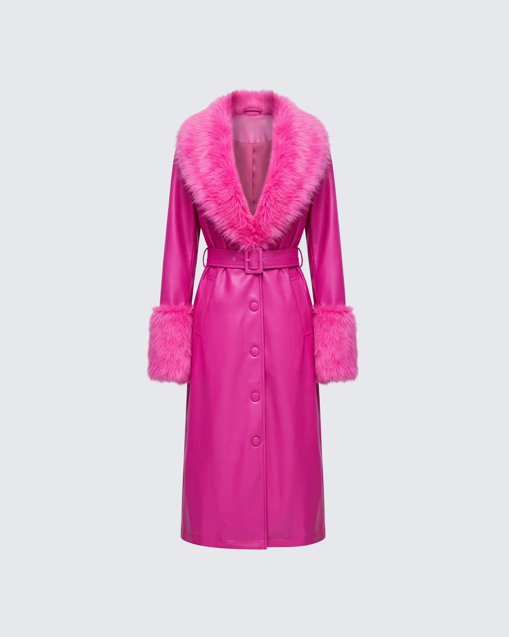 Fitted Midi Faux Leather Trench Coat for Women with Faux Fur Shawl Collar and Cuffs, Belted Button-Front
