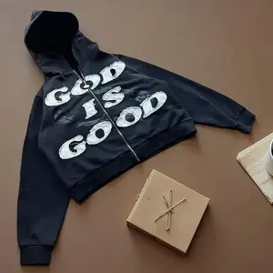 Menswear Motocross Black God Is Good Graphic Hoodie Y2k Oversized Zip Up Sweatshirt for Men Teens Casual Fall Winter Long Sleeve Top Oversized Hip Hop Style Full Zip Hooded Coat