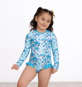 Millie Loves Lily Girls Turquoise Turtle Zip Front Rash Guard, UPF 50+