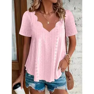 Plus Size Eyelet Scallop Trim V Neck T-Shirt, Casual Short Sleeve Top For Spring & Summer, Women's Plus Size Clothing
