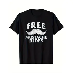 Free Mustache Rides" Funny Cotton T-Shirt for Men - Casual Round Neck, Machine Washable, Perfect for Spring/Fall,Made in USA