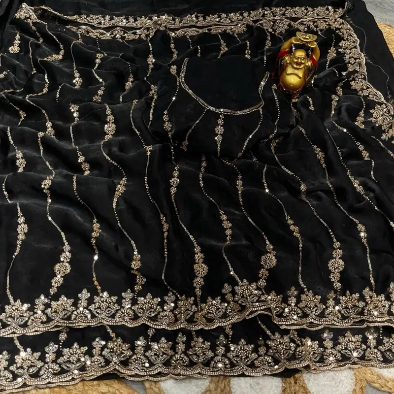Premium high-quality Bollywood design Party wear Heavy boutique work sari with Bollywood design Blouse full stage sari Picko foll done fabric Vani fabric fandi tissue