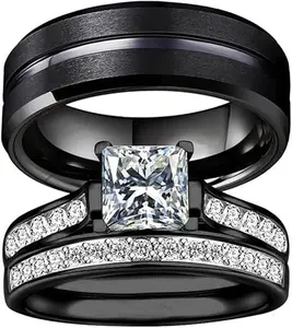 Couple Rings Set 2in1 Black Bridal Ring Matte Black Groove Ring His and Hers Wedding Ring Sets for Lover Anniversary Engagement Promise Rings Bridal Sets