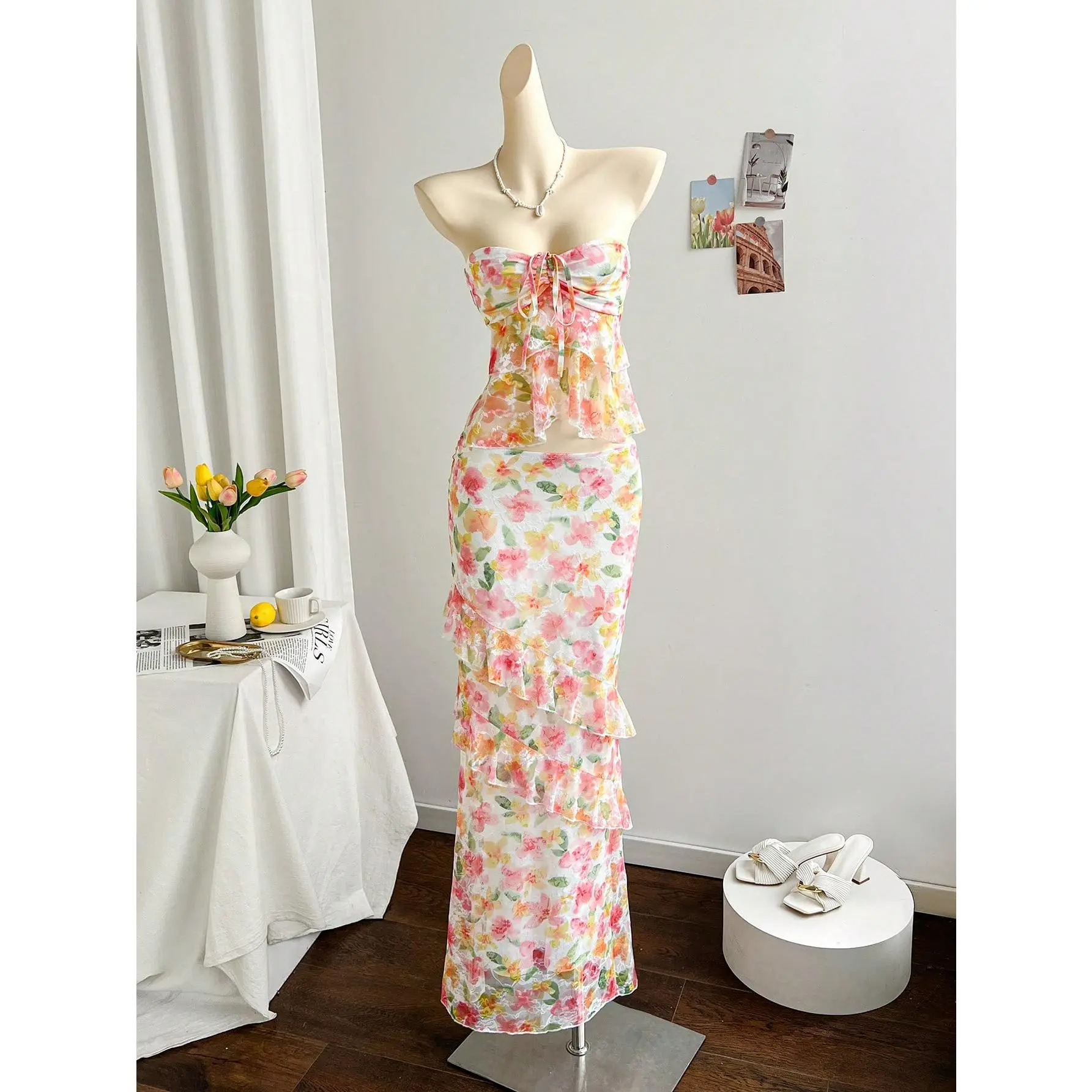 DealsForYouDays Floral 2 Piece Skirt Outfits Strapless Bandeau Ruffle Top Maxi Skirts Set Vacation Outfits