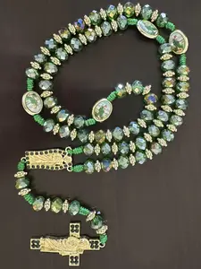 Rosary Saint Jude Virgin Mary Green Crystal Beads Catholic Necklace Cross Pendant Protection Blessing Charm Catholic Handmade Jewelry Gift Charms Car Hanging Charm Christmas Halloween Gift Religious Pendant for Men Women