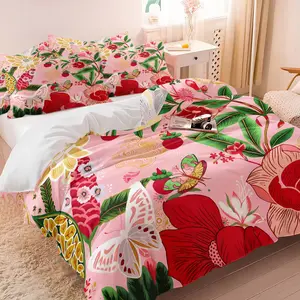 Pink Tropical Fruit Floral Duvet Cover Set & 1-2 Pillowcases No Core, Decorative Duvet Cover, Soft Skin-Friendly Bedding, Sweet Strawberry Bamboo Butterfly Design, Southeast Asian Style Bedroom Decor Gift, Comfortable Sleep