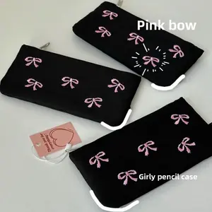 Cute Bow Pencil Pouch, Aesthetic Embroidered Pencil Case for Teen Girls, Kawaii Stationery Bag for School Students