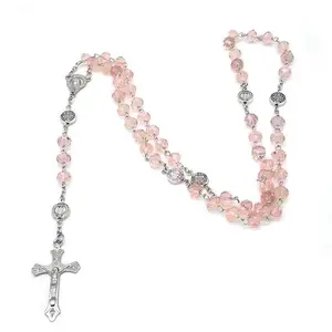 Catholic Rosary Necklace with Crystal Beads – Features a Cross Pendant, Versatile Choker & Long Chain Design, Religious Prayer Charm Jewelry Gift.