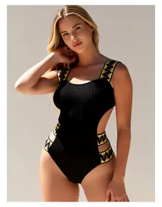 Women's One Piece Swimsuit Black Square Neck - Colorful Geometric Swimwear Wide Strap Low Back Cut-Out Monokini Bathing Suit for Beach Vacation