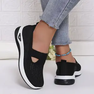Women's Breathable Knit Slip-On Sneakers - Lightweight Comfortable Low-Top Shoes with Cut-Out Design, Flexible PVC Sole, All-Season Wear, Round Toe in Red, Beige, Green, Blue, Black, Purple