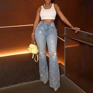 Women's Allover Rhinestone Decor High Waist Zipper Fly Jeans Casual Wide Leg Loose Fit Denim Pants with Rhinestone Decor Belt Blue Bottom