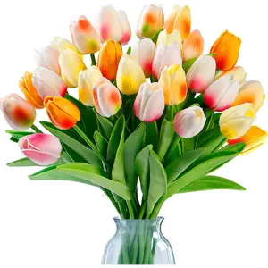 15 Pcs Fake Tulips Artificial Flowers Real Touch PU Faux Flowers Tulip Stems for Wedding Floral Arrangement Spring Bouquet Home Party Office Decorations for Mother's Day