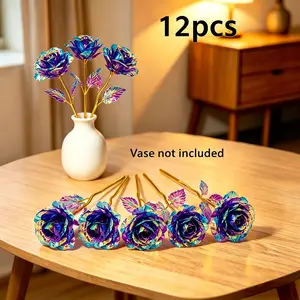 12-Piece Gold Foil Artificial Rose Bouquet with Realistic Texture, Elegant Home Decor Ornaments for Table, Romantic Bedroom Flowers, Ideal Mother's Day Gift for Weddings Shiny Glitter