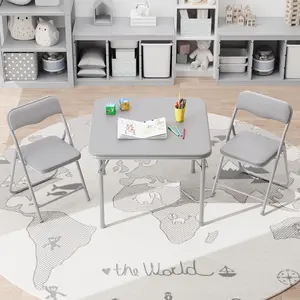 Boys and Girls Folding Table and Chair Set of 3, Featuring a Portable Table and Chairs with Soft Pu Cushions. No Assembly is Required, Perfect for Eating, Reading and Playing, Grey.