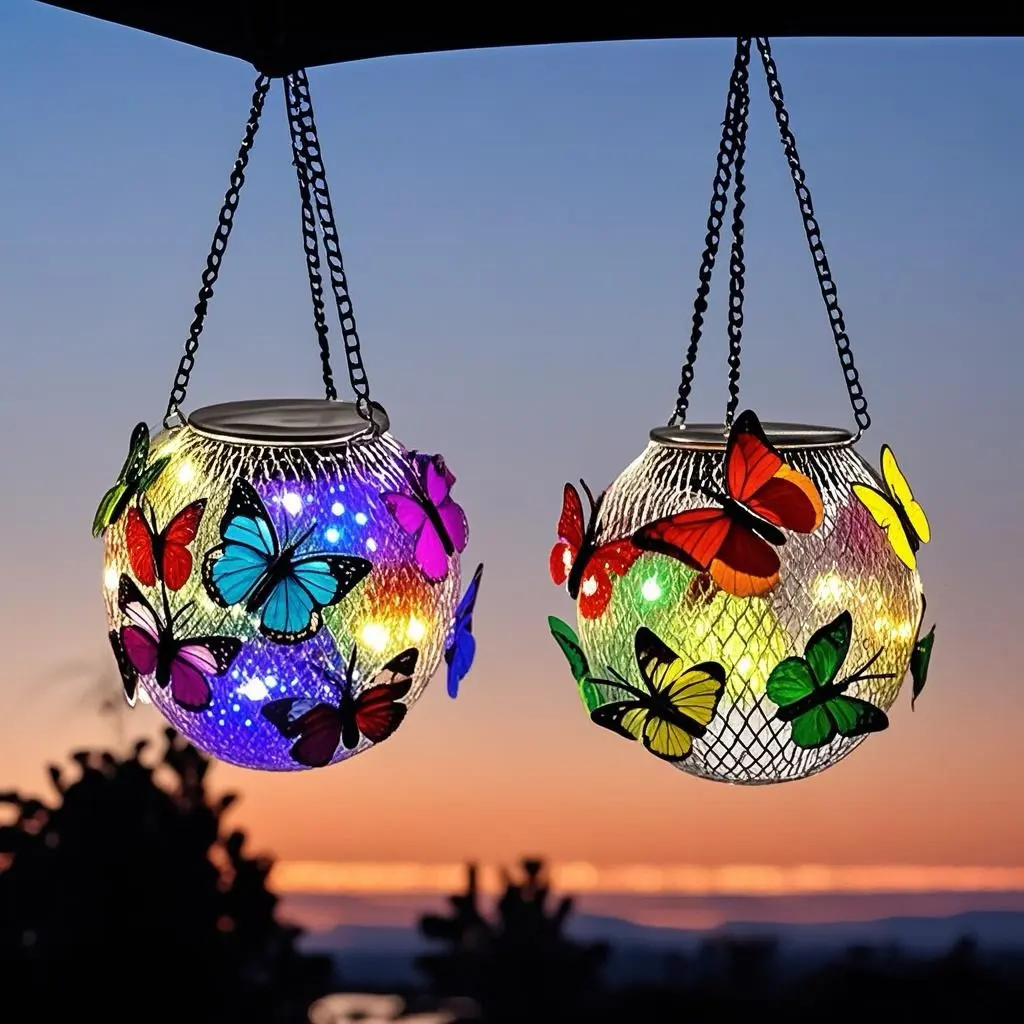 RUIDEL MICHAELS 2-Piece Metal Iron Solar Outdoor Lamp - Hanging Butterfly Decor Garden Light, Outdoor Patio Backyard Farms Lighting, Curb Appeal Boost, Holiday Gift, Backyard Glow Up Solution