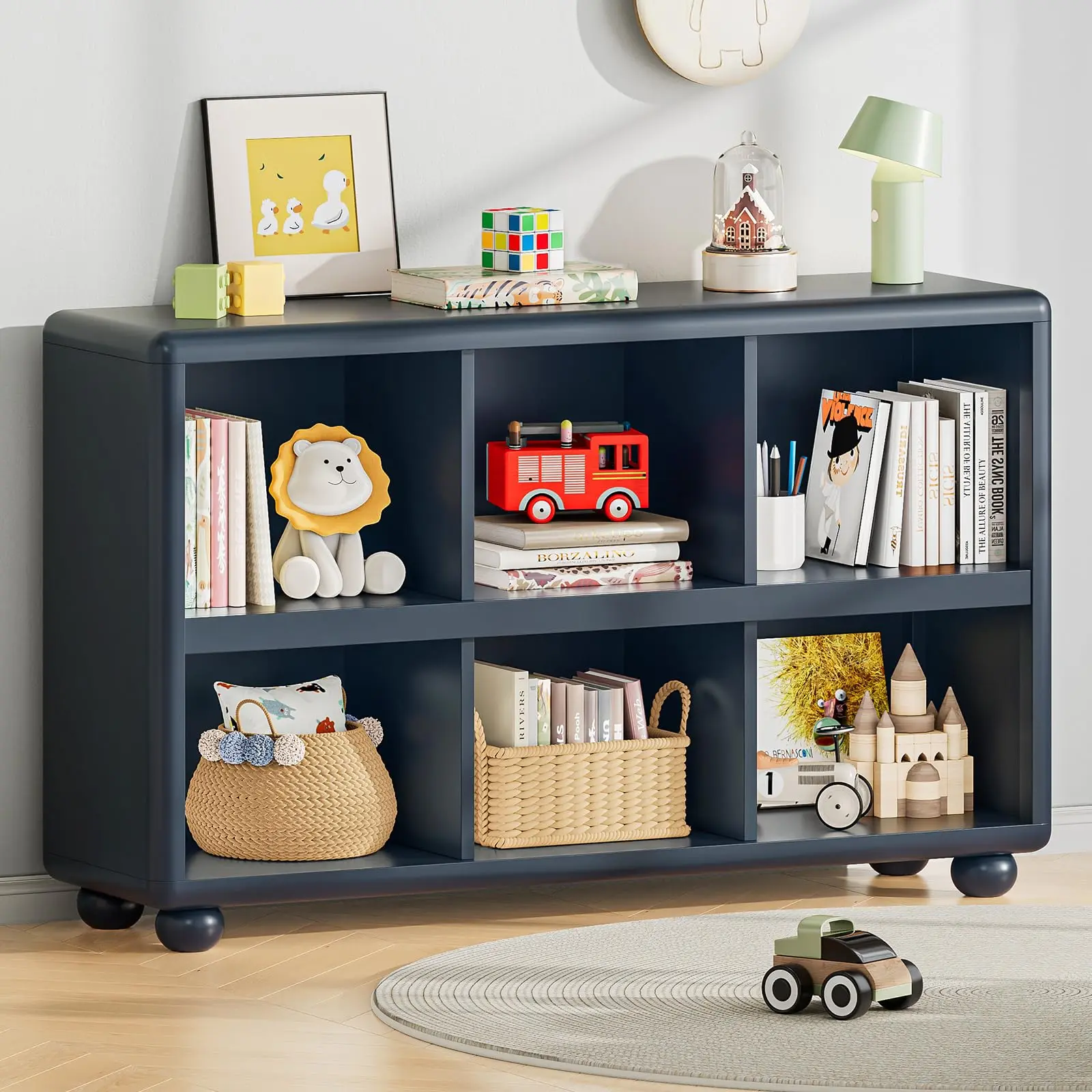 【SummerFinds】ONBRILL Wooden Bookcase with 6 Cube Storage, Kids Bookshelf with Sphere Foot, Sturdy Toy Storage Organizer, Safe Rounded Corners Bookcase, Living Room Furniture, Play Room Furniture