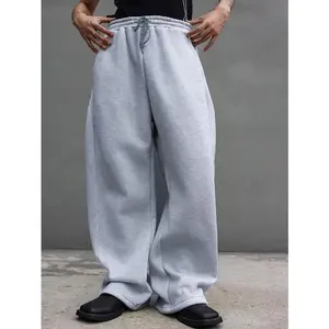 Drawstring Waist Straight Wide Leg Baggy Pants Workout Athletic Sweatpants with Pocket Casual Grey loose fit men comfortable pant wide leg sweatpants