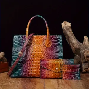 bn 3 pcs Vintage Crocodile Pattern Handbag & Purses Set - Top Handle Crossbody Bag, Clutch, Coin Purse - Multi-functional and Stylish jh
