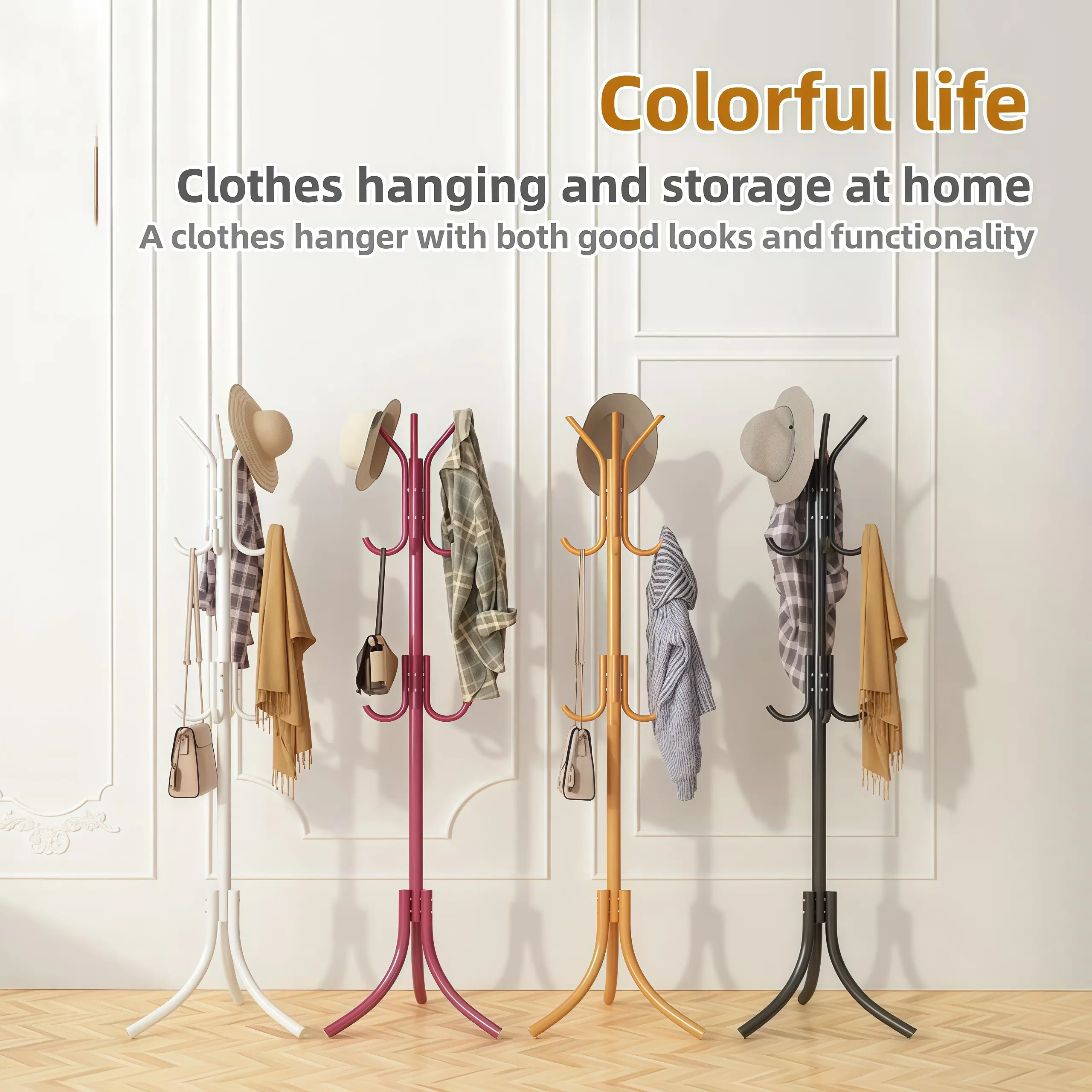 12-Hook Free-Standing Coat Rack – Iron Clothes Hanger Stand with Hat Hooks, Sturdy Triangular Base, Easy Assembly (White/Black/Pink/Blue), Organiser