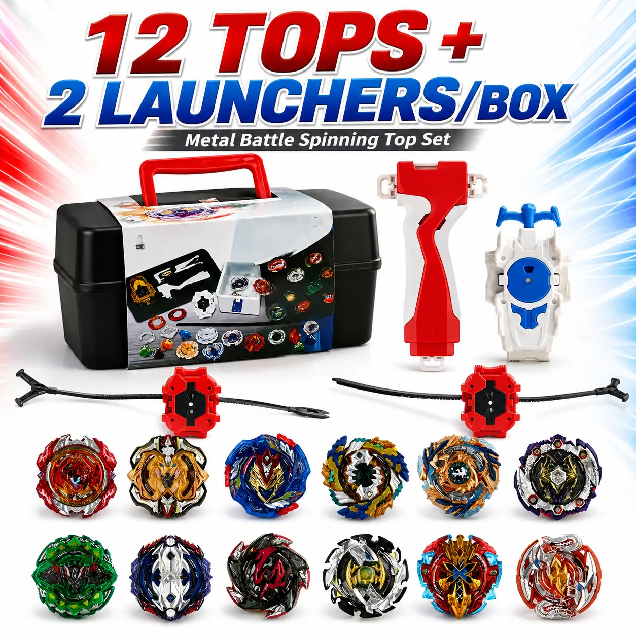 12-Pack Unisex Portable Metal Battling Tops Set with Dual Launchers, Storage Box, Arena Game, Sparks Creativity, Holidays Birthday Gift for 6-8 Years Kids