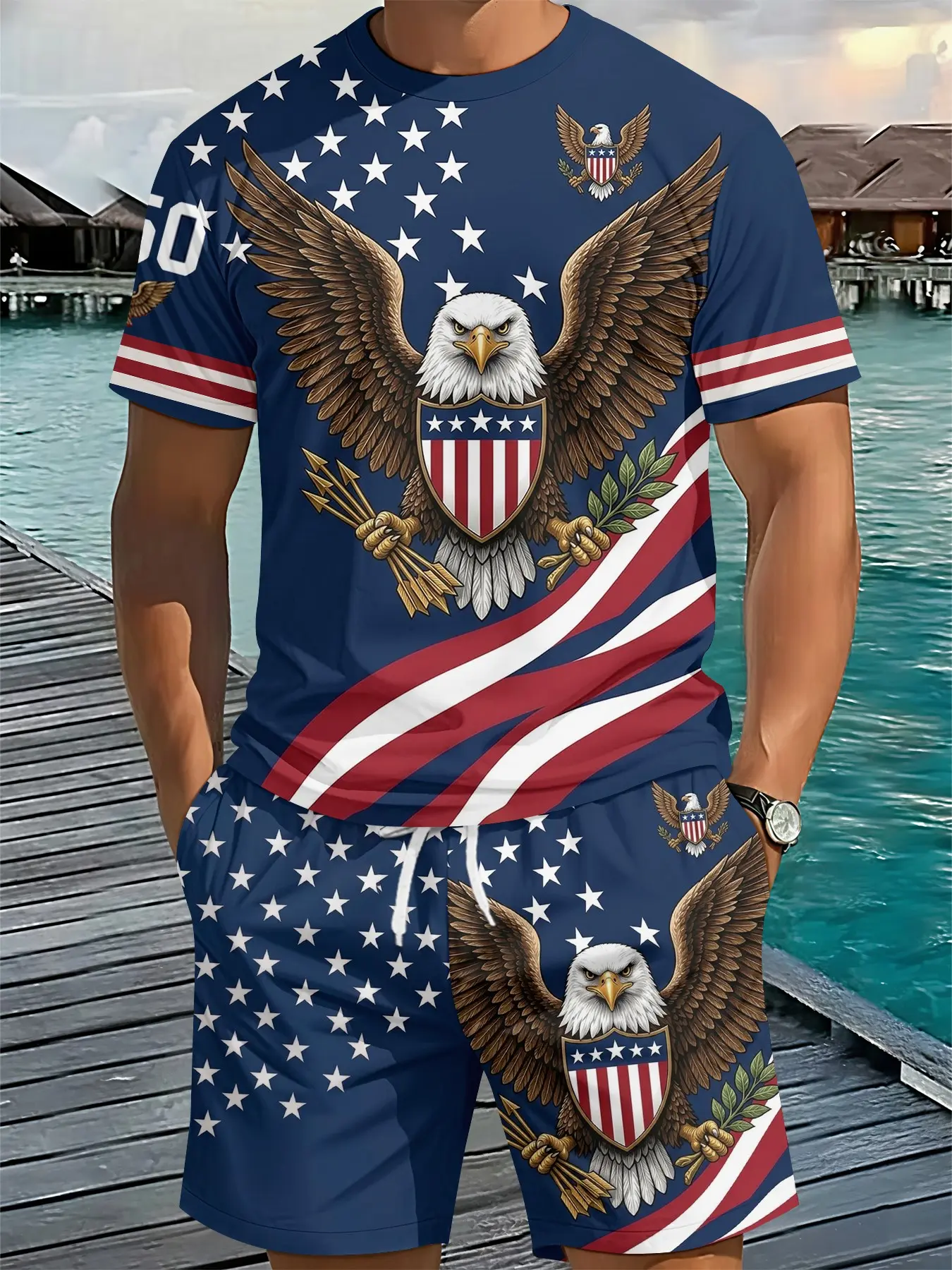 Men's 3D Digital Printed Two-Piece Set Clothes with Emblem Spread Eagle Pattern, 2Pcs, Trendy Fashion Outfit, Retro Casual Two-Piece Suit, Vacation-Style Trendy Wear, Breathable Sports Casual Style, Perfect Festival Gift for Men