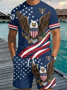 Men's 3D Digital Printed Two-Piece Set with Emblem Spread Eagle Pattern, 2Pcs, Trendy Fashion Outfit, Retro Casual Two-Piece Suit, Vacation-Style Trendy Wear, Breathable Sports Casual Style, Perfect Festival Gift for Men