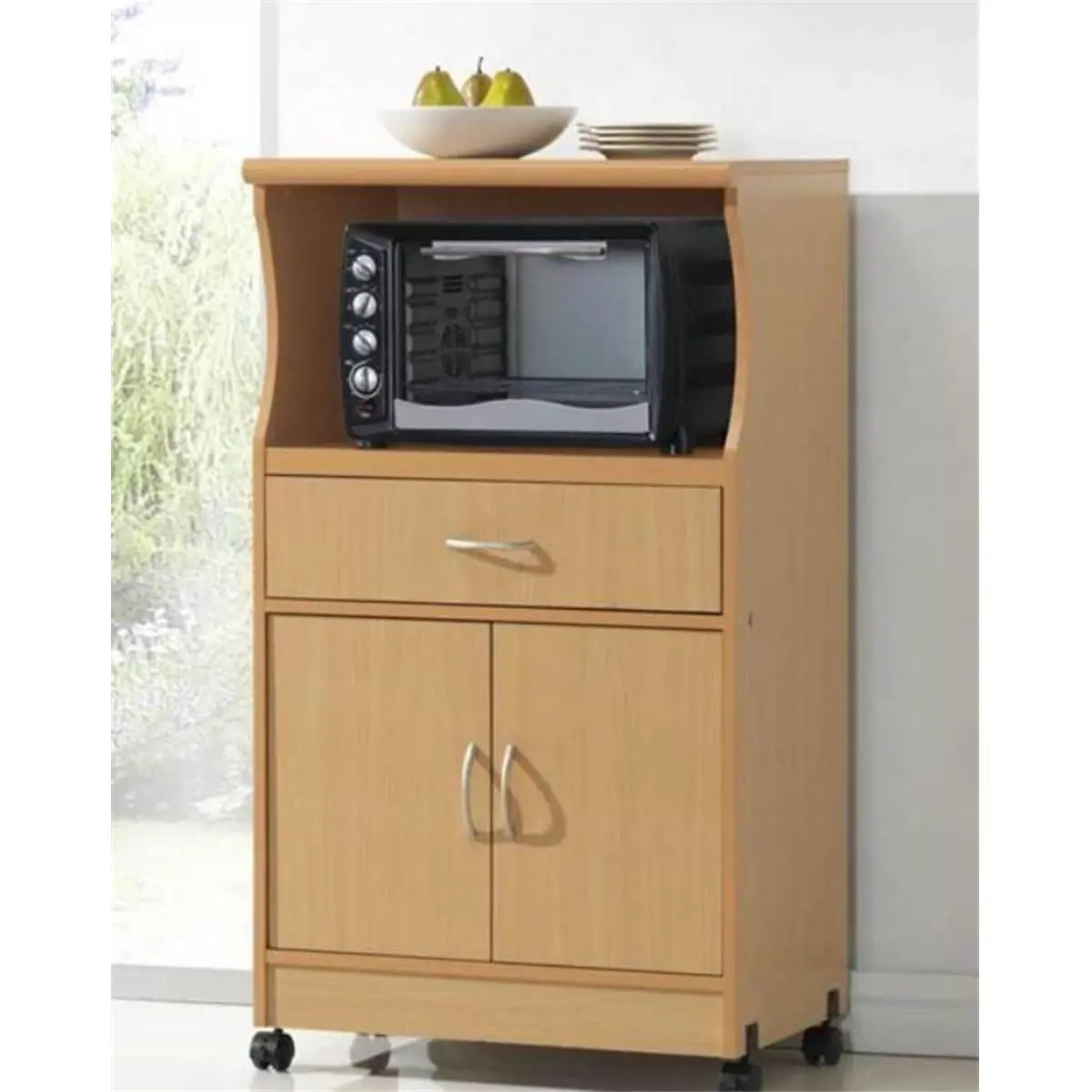 212 MAIN Hodedah HIK72 Beech Microwave Cart - Drawer Cabinet, Modern Rolling Sideboard, Wood Finish Kitchen Furniture, Furniture For Kitchen