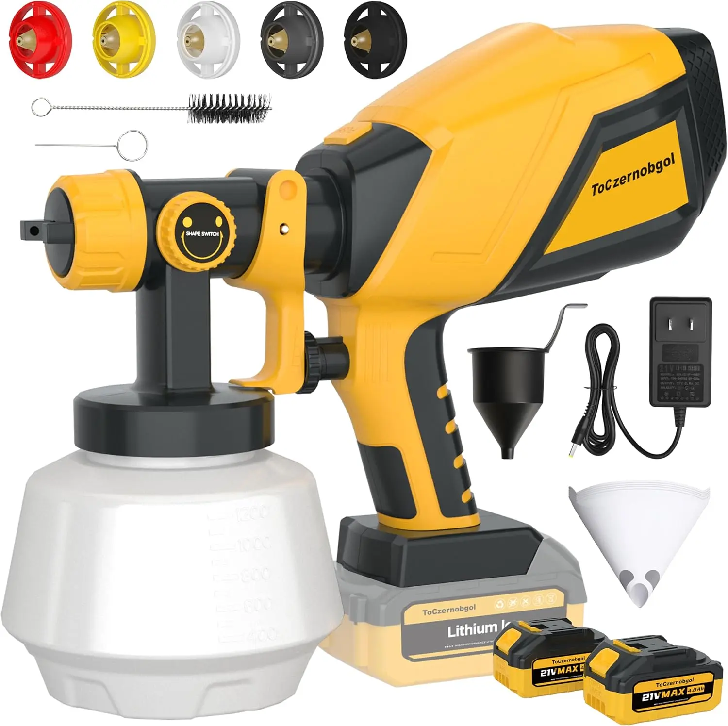 Cordless Paint Sprayer 1200ML – 21V Cordless Spray Gun with 2×4.0Ah Batteries, 5 Nozzles & 3 Spray Patterns for Furniture, Cabinets, Fences & DIY, Easy to Clean Paint Gun