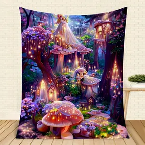 Enchanted Mushroom Forest Flannel Blanket, Ultra-Soft Plush Throw with Magical Fairy Tale Print, Cozy Warm Fleece Blanket for Couch Bed, Perfect Gift for Fantasy Lovers & Kids, All-Season Comfort