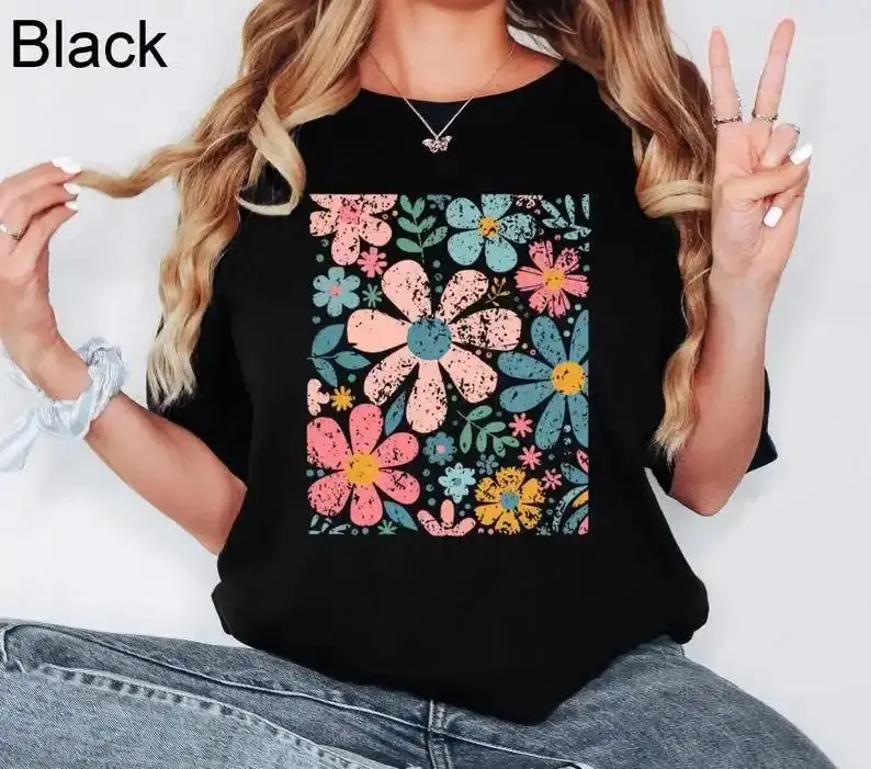 Unisex 100% Cotton Round Neck Short‑Sleeve T‑Shirt‑Boho Floral Graphic Print, Classic‑Fit Breathable Casual Cottagecore Nature‑Lover Everyday Top, 2XL Size Available