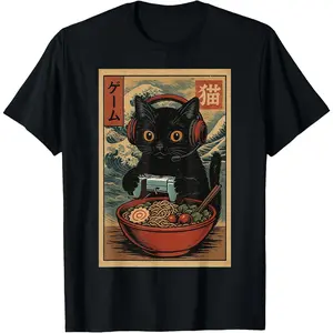 Cute Kawaii Gamer Cat Funny Ramen Retro Japanese Cat Gaming T-Shirt