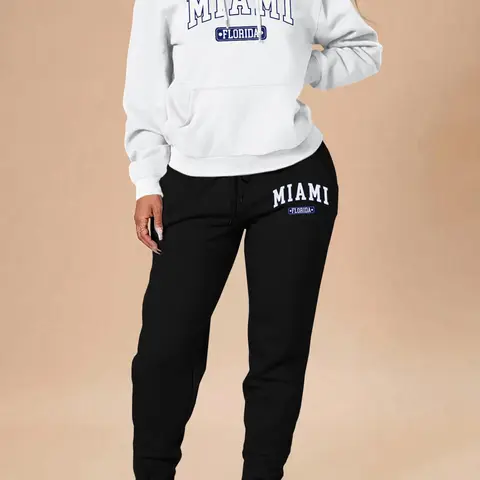 Women's Letter Print Pocket Hoodie & Drawstring Waist Sweatpants Clothing Set, Casual Outfit Set, Casual Sweatsuits Set
