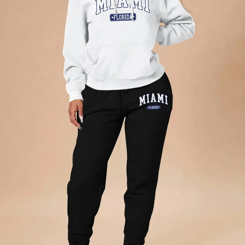 Women's Letter Print Pocket Hoodie & Drawstring Waist Sweatpants Clothing Set, Casual Outfit Set, Casual Sweatsuits Set