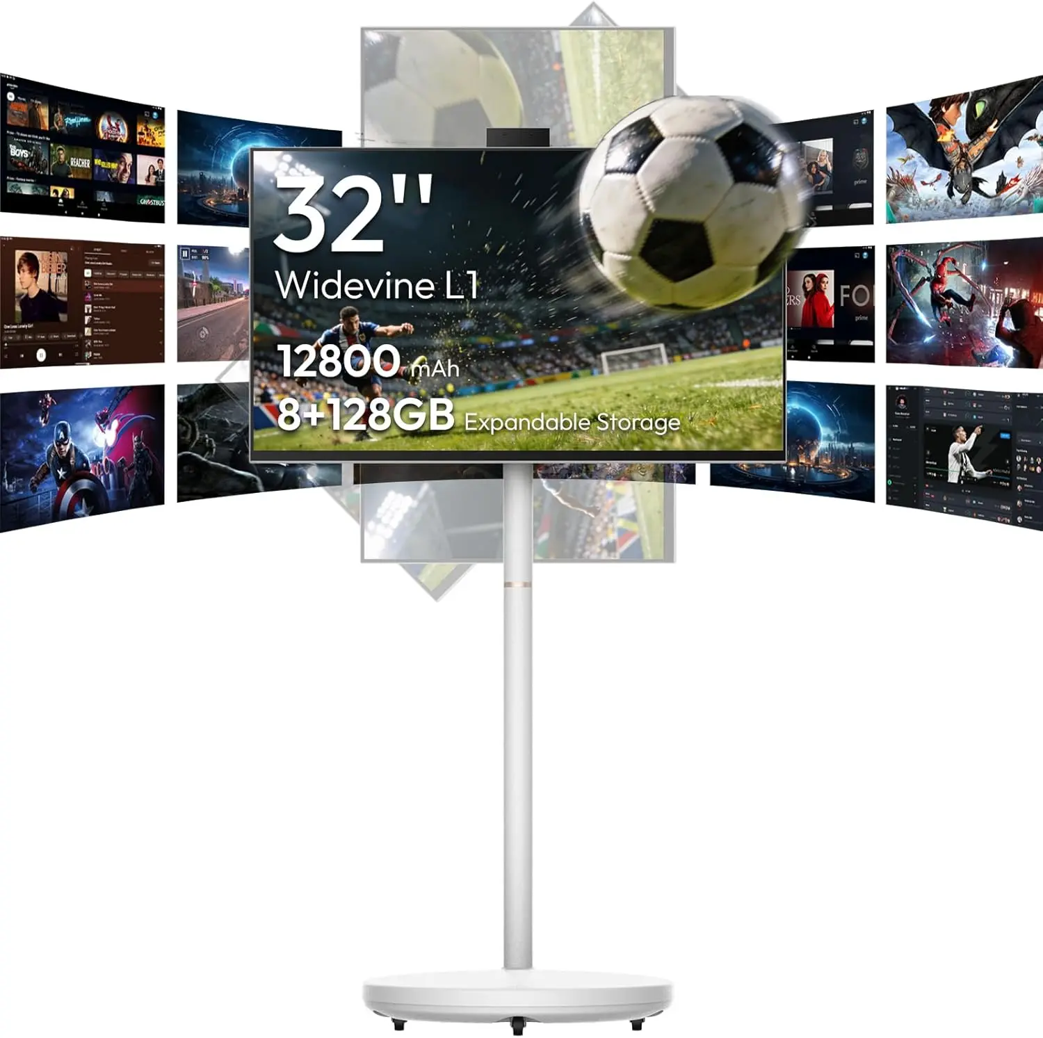 MESWAO 32" Portable TV on Wheels — Battery Powered Cordless Smart TV, Touchscreen 1080P, Rolling Movable Display for Workout, Kitchen & Bedroom