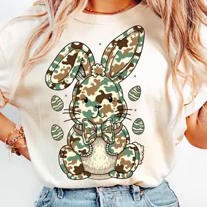 Happy Easter Egg Hunter Cute Bunny Shirt, Easter Bunny Tee, Camo Bunny Doodle, Retro Easter Camouflage Bow Gift