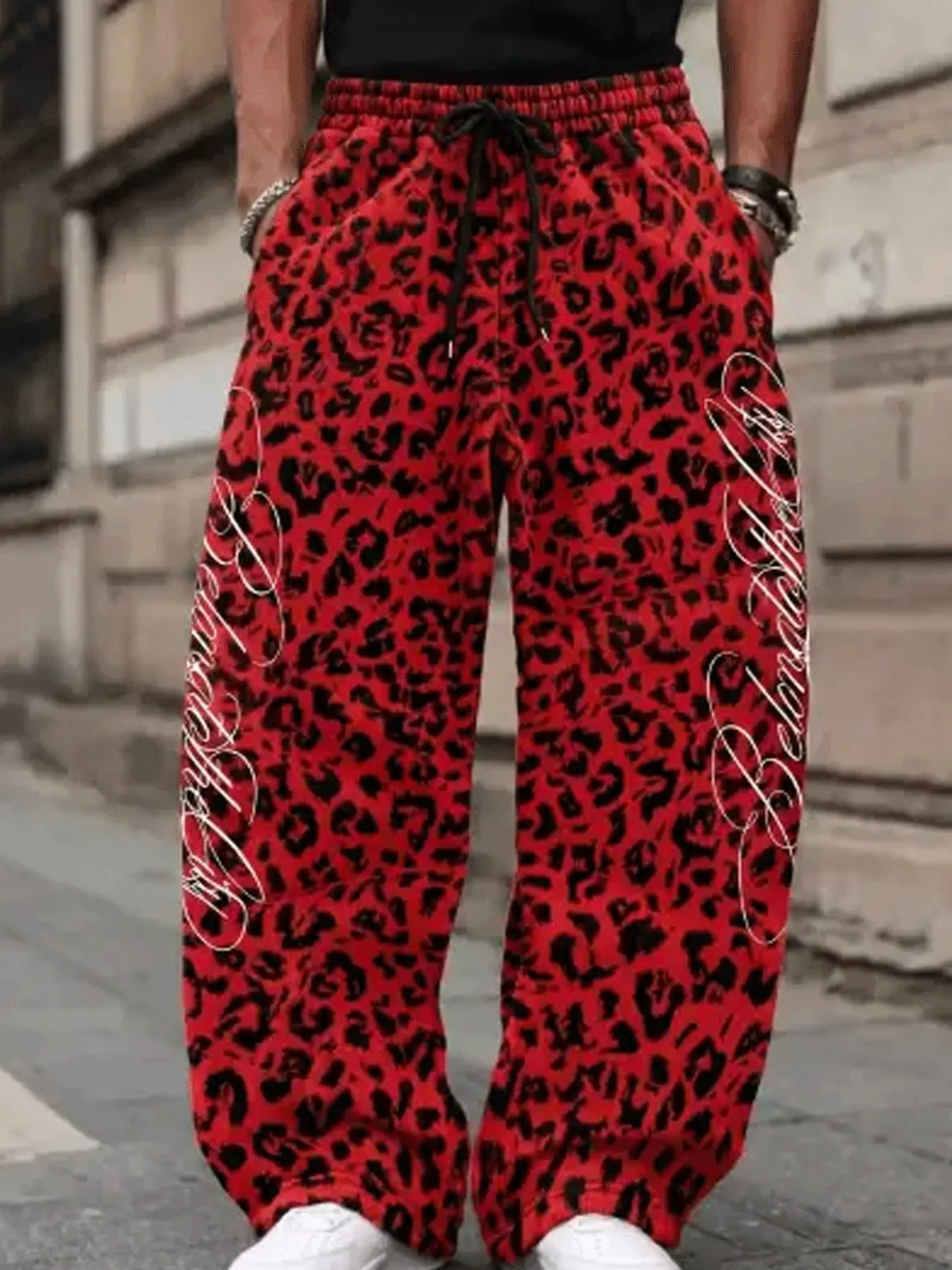 Men's Red Leopard Print Wide‑Leg Pants, Streetwear Elastic Waist Drawstring Trousers, Cursive Letter Print & Y2K Punk Animal‑Print Aesthetic, Versatile Casual Streetwear Bottoms for Men