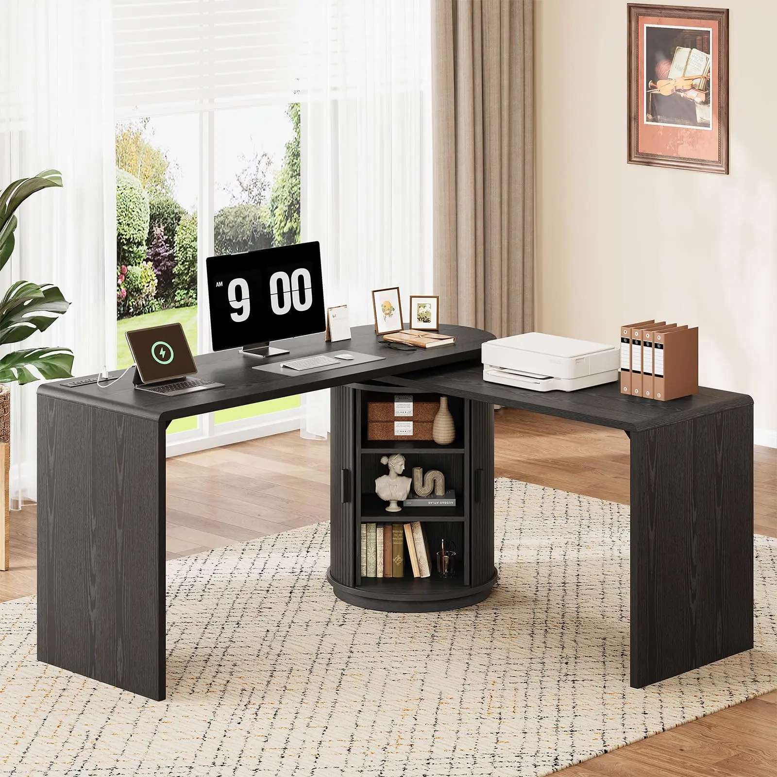 【SummerFinds】ONBRILL 60-Inch L-Shaped Desk with Power Outlets - 360° Rotating Swivel Corner Desk with Storage, Fluted Home Office/Study Room Computer Workstation