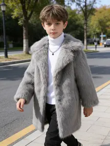 Faux Fur Coat for Kids 8-12 Years, Fashionable Artificial Leather Jacket, Casual Comfy Jacket, Dual Pockets, Versatile Outerwear for Christmas & Halloween