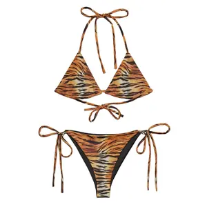 Tiger Animal Print “Wildfire” Bikini Set Triangle Halter Tie Strap Backless 2 Two Piece Set Bikini, Swimsuits, Women's Swimwear & Clothing, Trendy Ladies Outfit, Pool Party Outfits, Summer Beach
