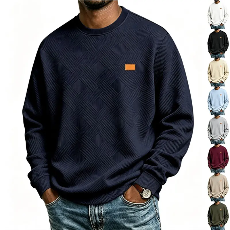 Menswear American Vintage Woven Texture Slim-Fit Crewneck Sweatshirt, Spring-Autumn Solid Color Long-Sleeve, Comfortable Soft Fabric Casual Commuting Base Layer, Trendy Minimalist Small Logo Top