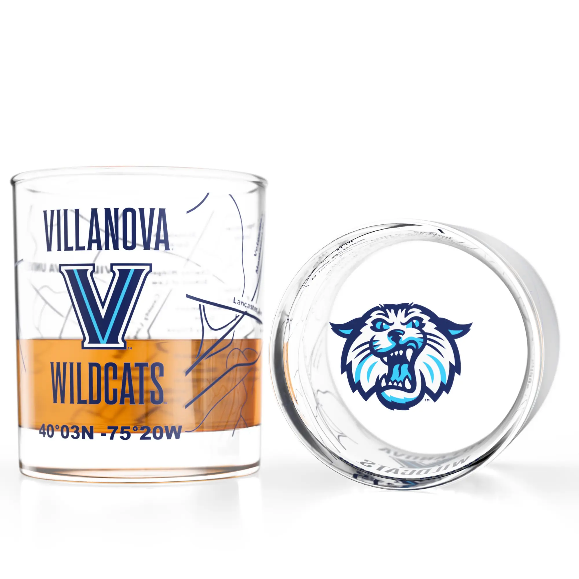 Villanova University Wildcats Whiskey Glasses Set of 2, 10 oz Rocks Glasses with Full-Color Logo & Campus Map – Officially Licensed Bourbon Glass Gift for Alumni & Fans Drinkware