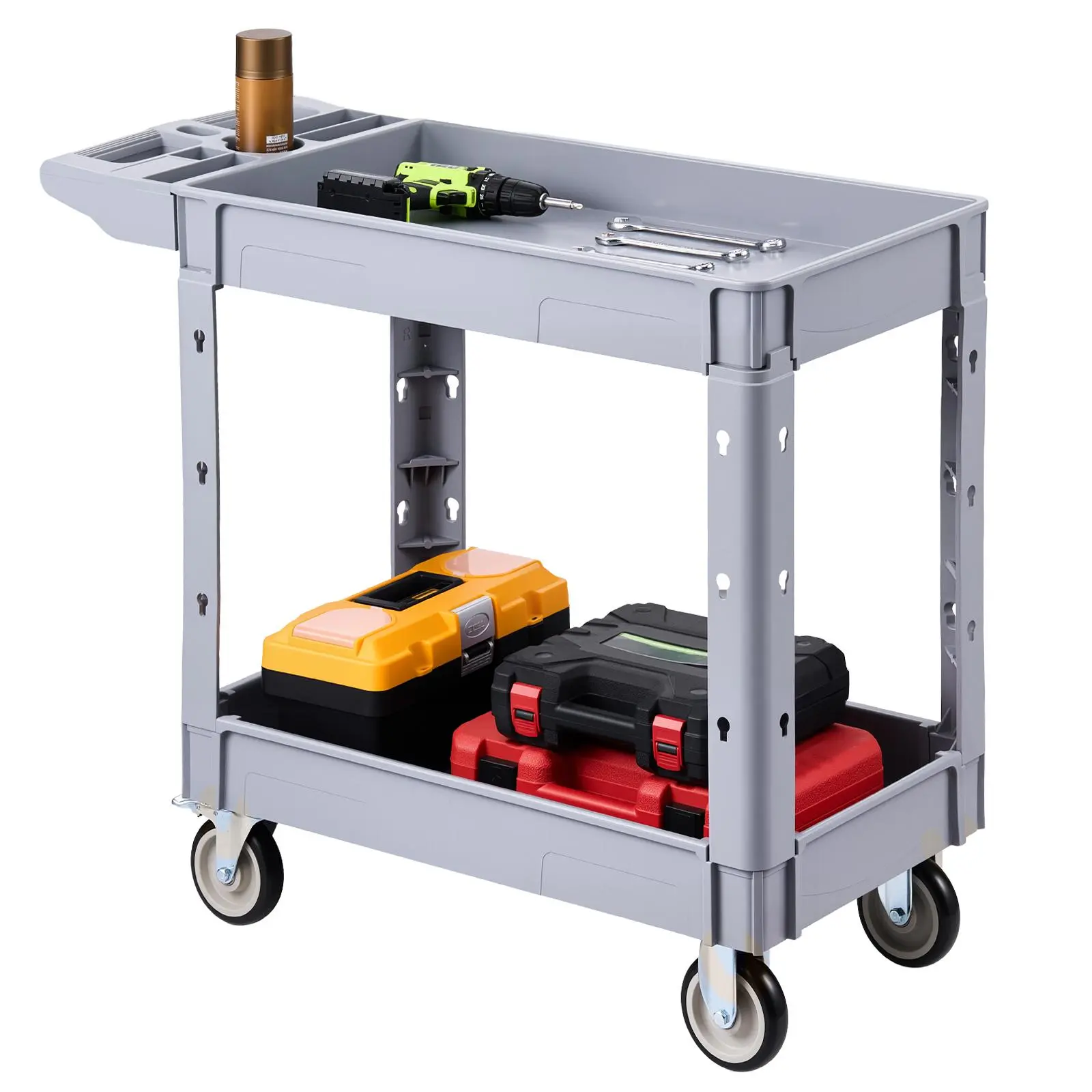 【Summerfinds】VEVOR Heavy-Duty Plastic 2-Tier Rolling Utility Cart - Large Cap 550 lbs Capacity, Freestanding Organizer with 360-Degree Swivel Wheels, 2 Braked Wheels, Storage Tray & Racks for Renovation, Tool Transport, Home Supplies